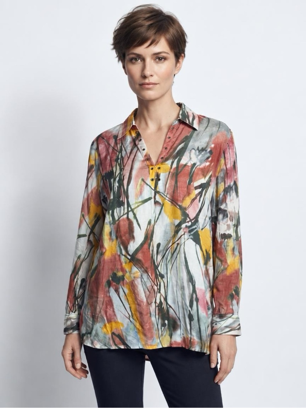 NWT John Mark Abstract Watercolor Print Grommet Accent Tunic Blouse - Size L